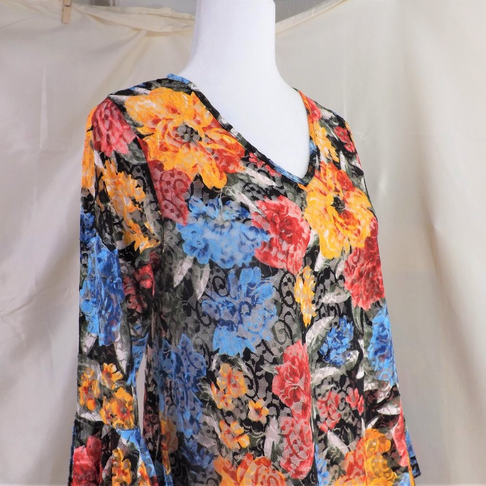 NWOT Dor Dor Couture Bursting Colors Huge Bell Cuffs w Flaring Skirt Tunic Top S - Picture 6 of 16